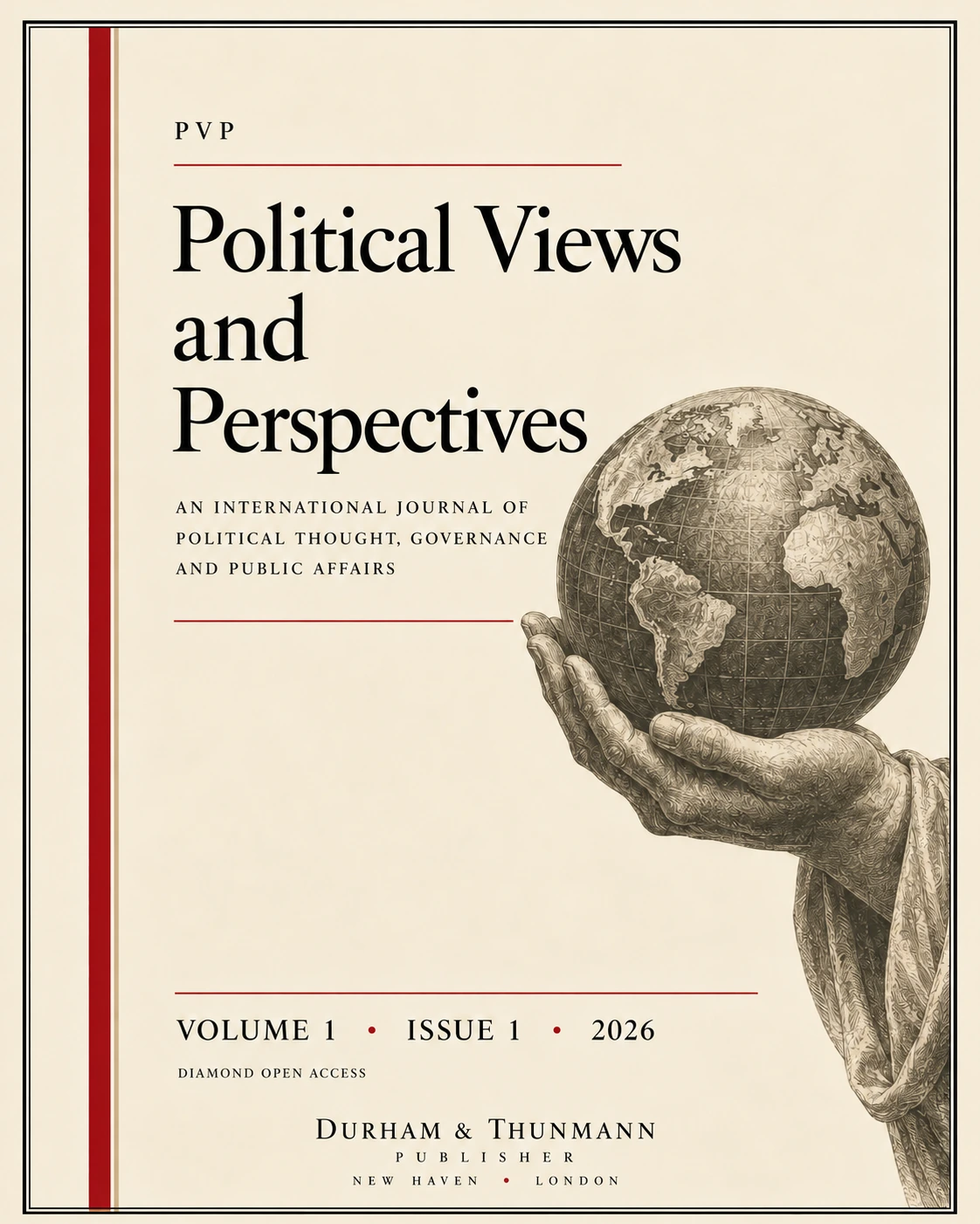 Official cover for Political Views and Perspectives, featuring a globe supported by an engraved hand
